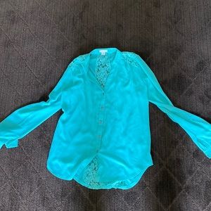 Teal button-down shirt with lace details